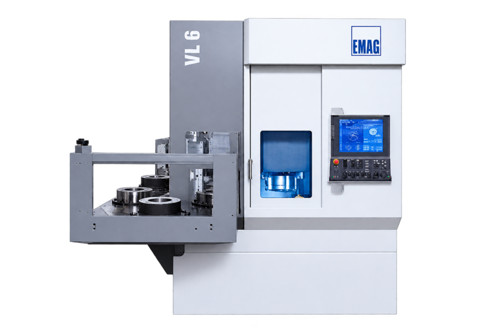 Vertikale Pick-up-Drehmaschine EMAG VL 6 mit Werkstückspeicherband